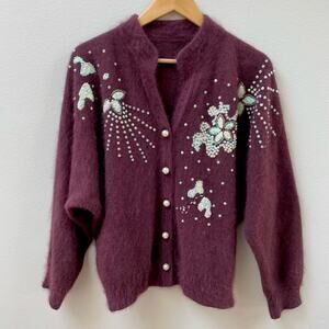 Vintage Angora Cardigan Sweater Oversized Knit w/ Beaded Sequins Women's Small